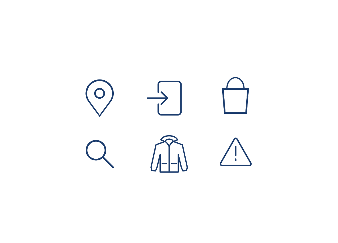 icons representing location, direction, search, error