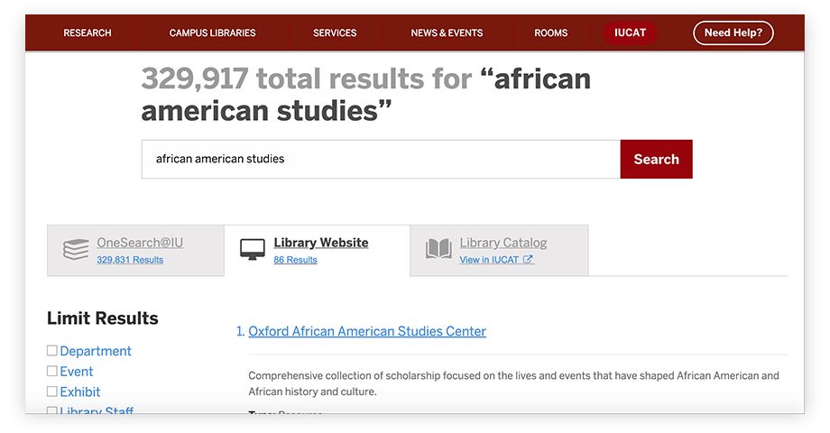 Screenshot of Indiana University Libraries' search results