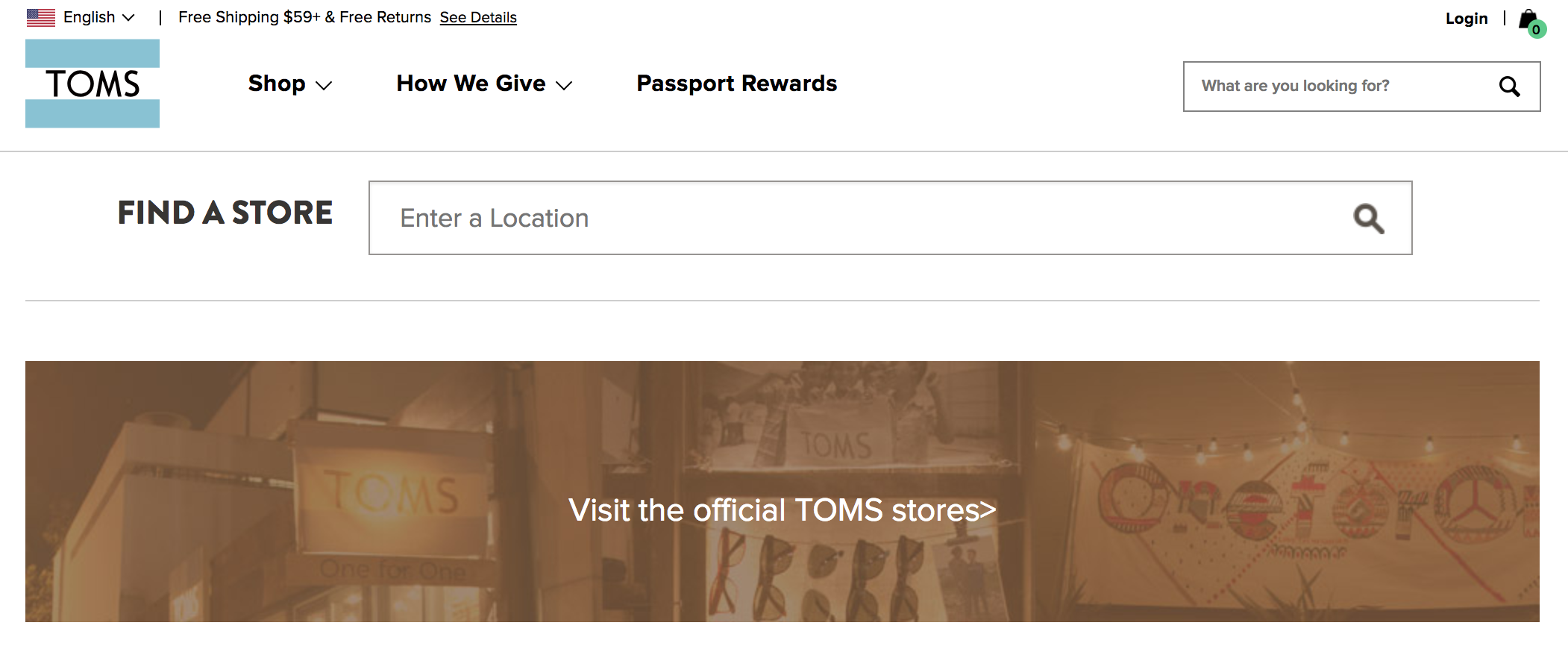Screenshot of Toms "locate a store" webpage