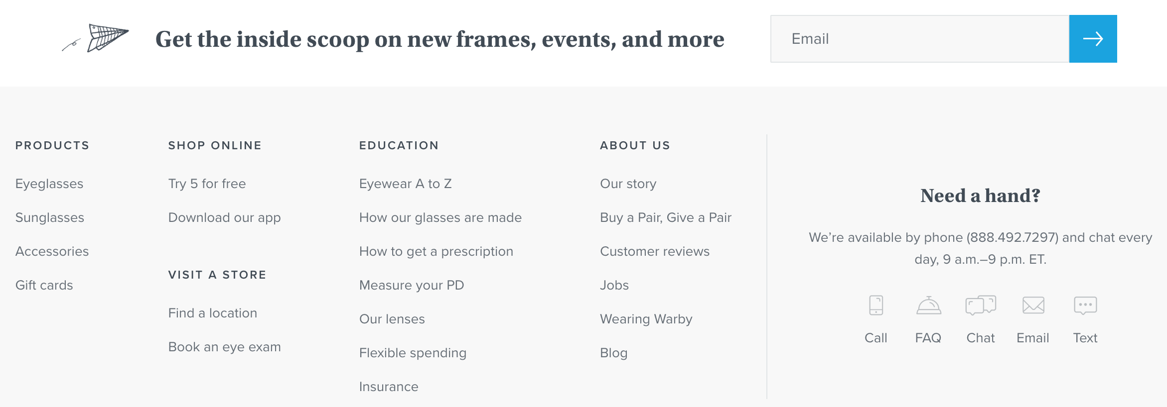 Footer from Warby Parker website