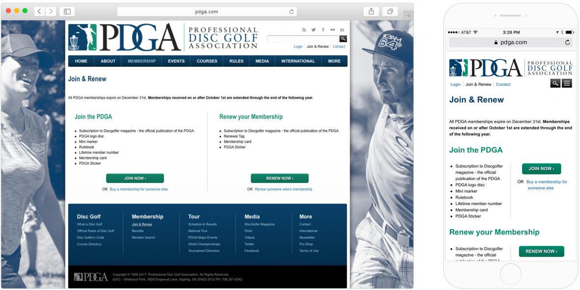 PDGA's mobile and desktop versions of the "Join & Renew" page