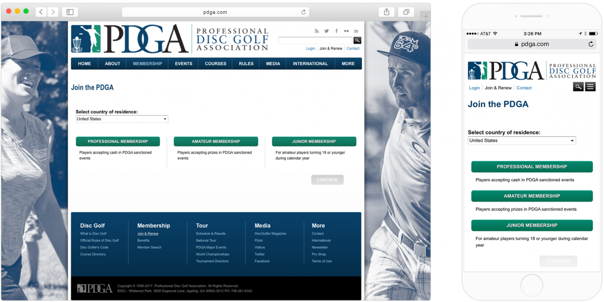 PDGA's mobile and desktop versions of the "choosing a membership type" page