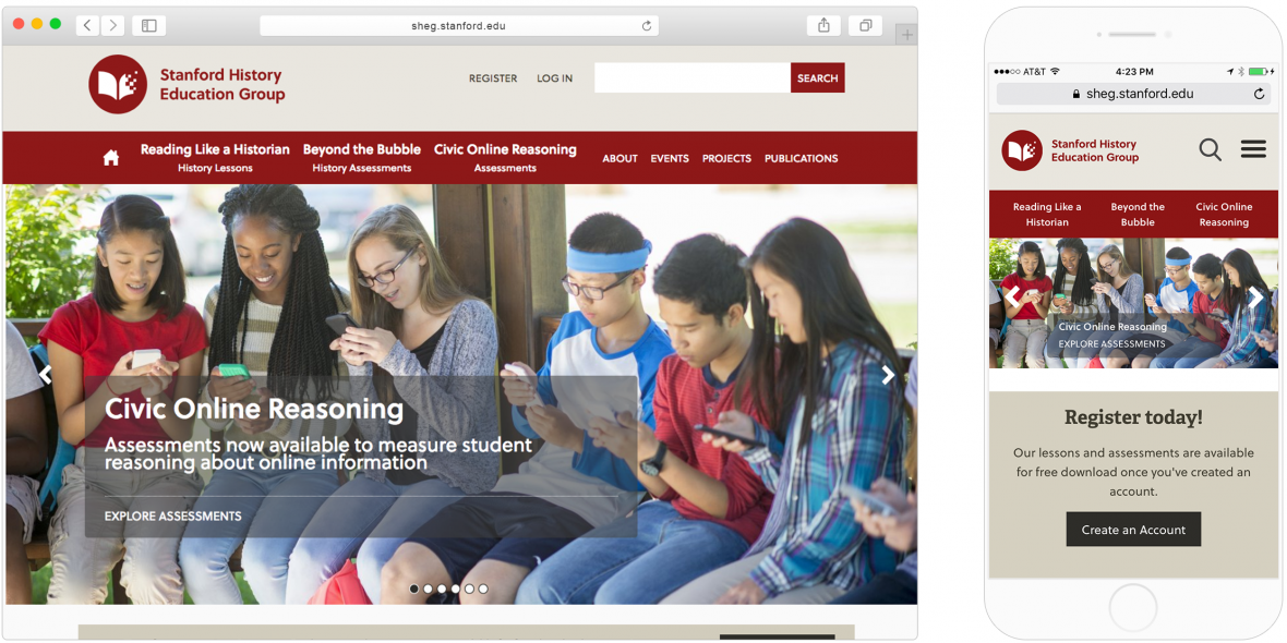 SHEG's new homepage image of a group of college students, as displayed on desktop and mobile