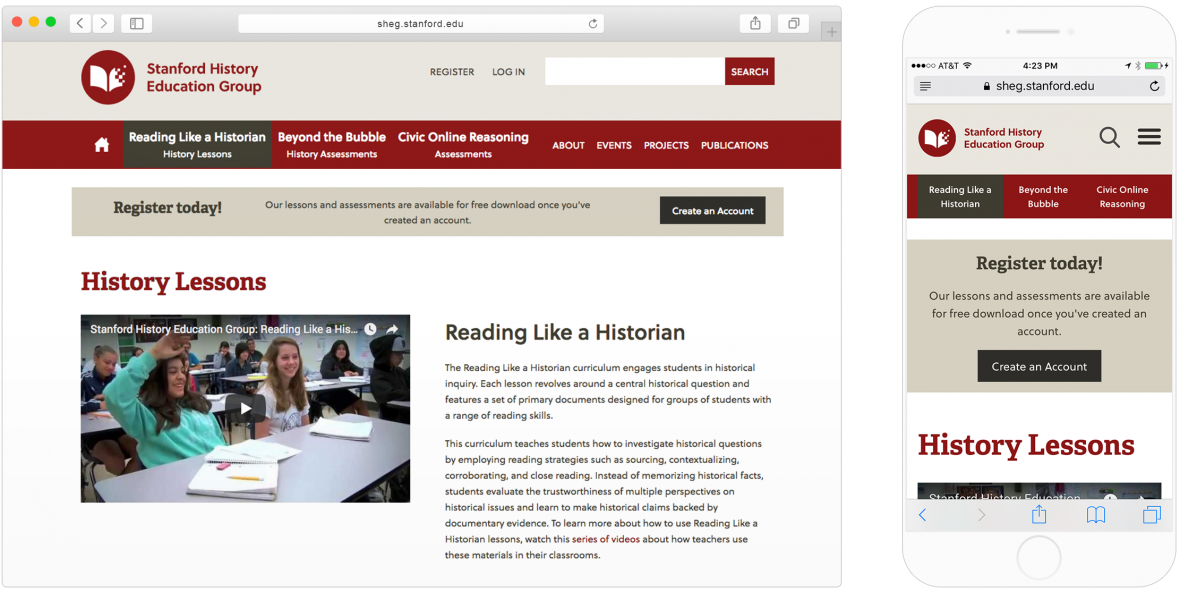 SHEG's website page of history lessons, as displayed on desktop and mobile