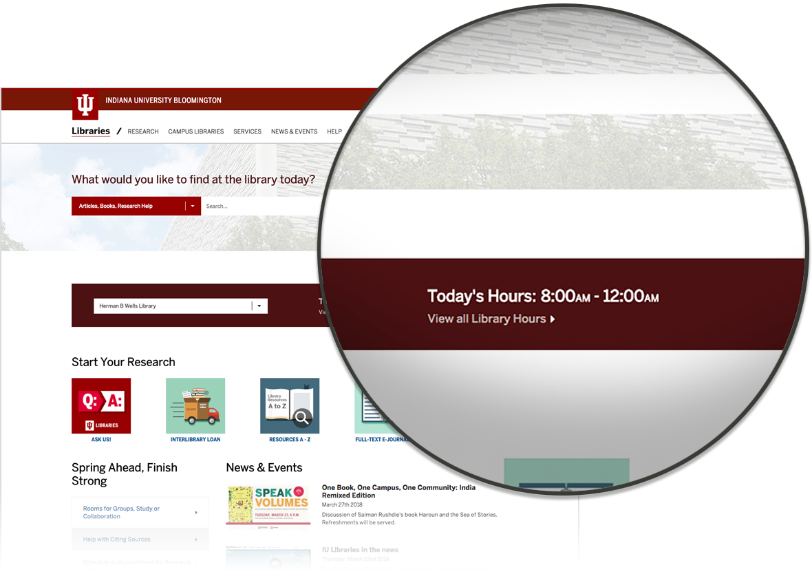 Close up of library hours and search bar on home page