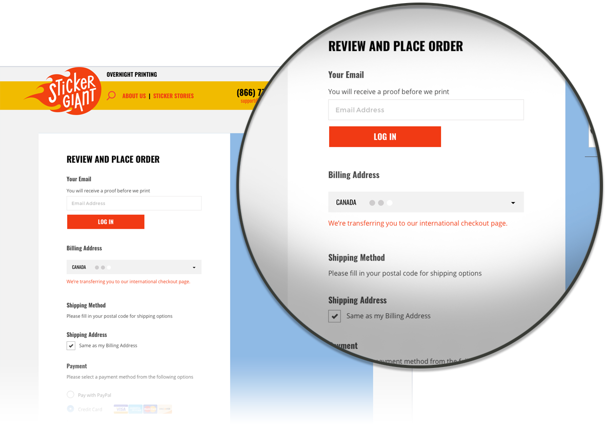 Close-up of Sticker Giant's international ordering webpage
