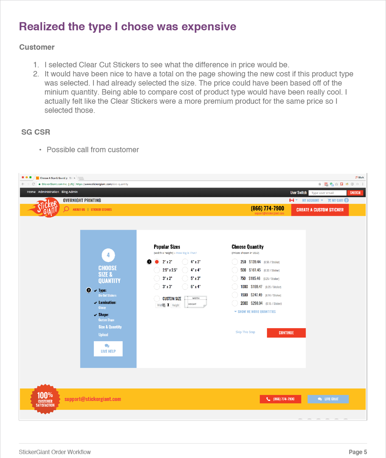 Example of customer experience on ordering page