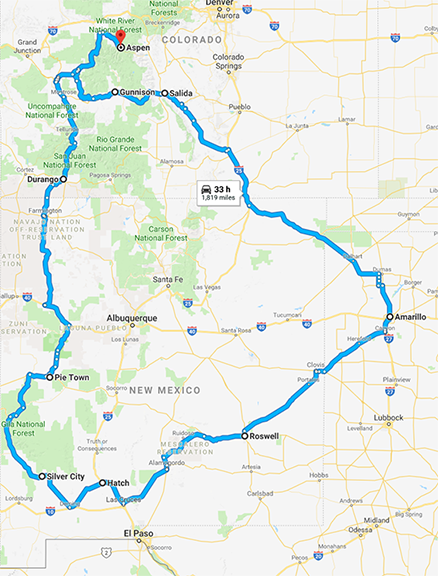 Map route from Aspen, Colorado through New Mexico and Texas