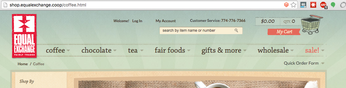 Header for the Equal Exchange shop site, powered by Magento