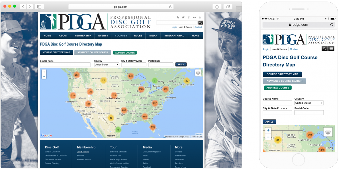 PDGA's mobile and desktop version of the course directory map